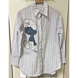 ADER ERROR X Peyo Bedazzled L/S Striped Shirt 19AFWSH05WH3 Sz Large Unique Smurf